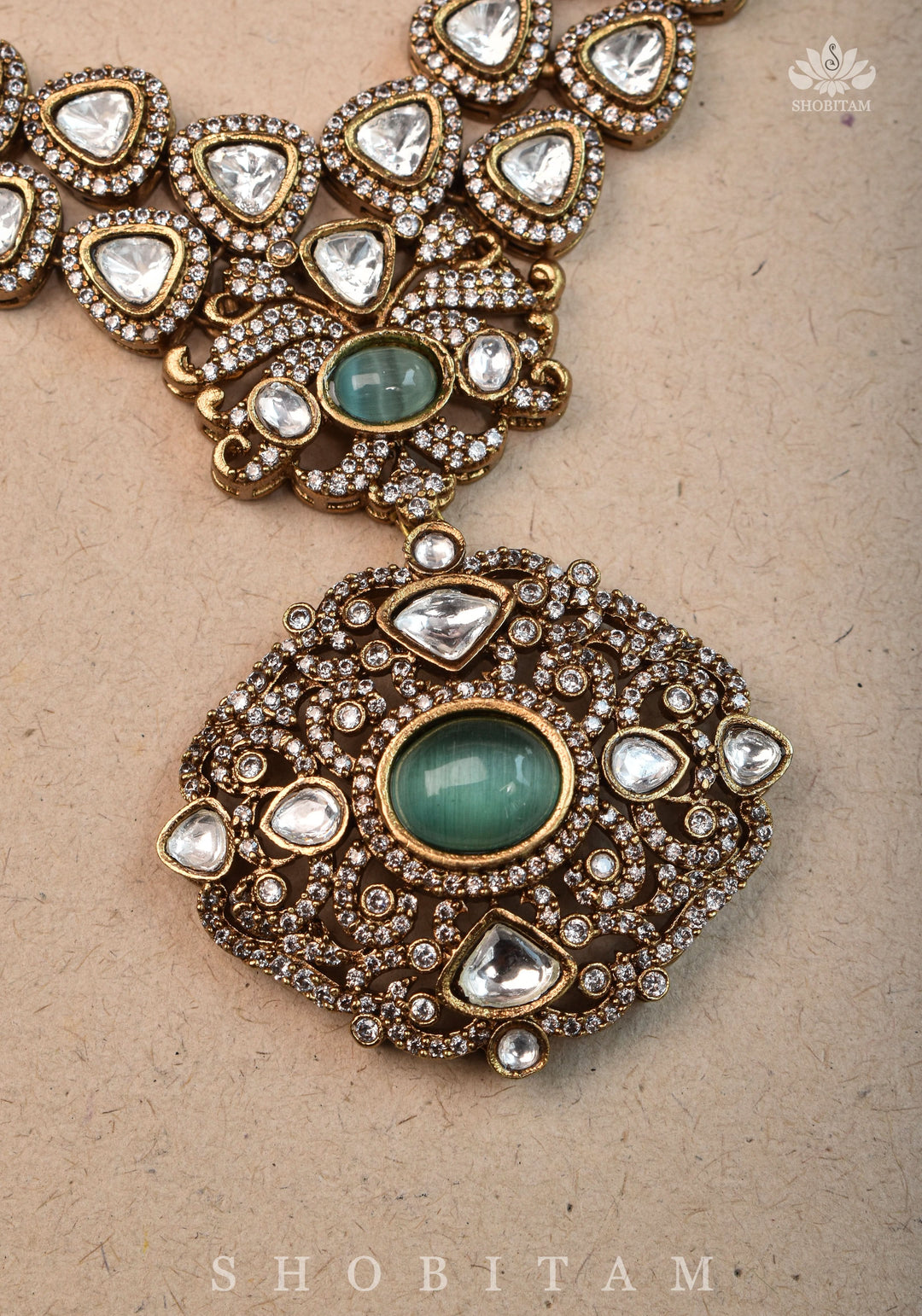 Classic Victorian Design Stone Studded  Necklace Set with White and Green Stones | Shobitam jewelry