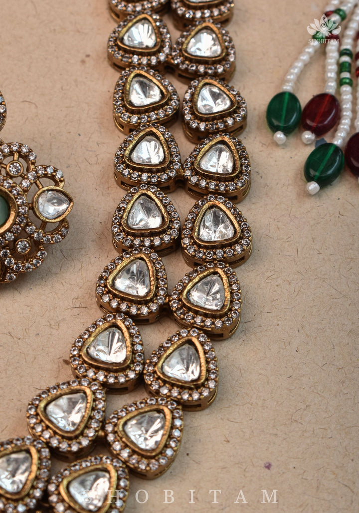 Classic Victorian Design Stone Studded  Necklace Set with White and Green Stones | Shobitam jewelry