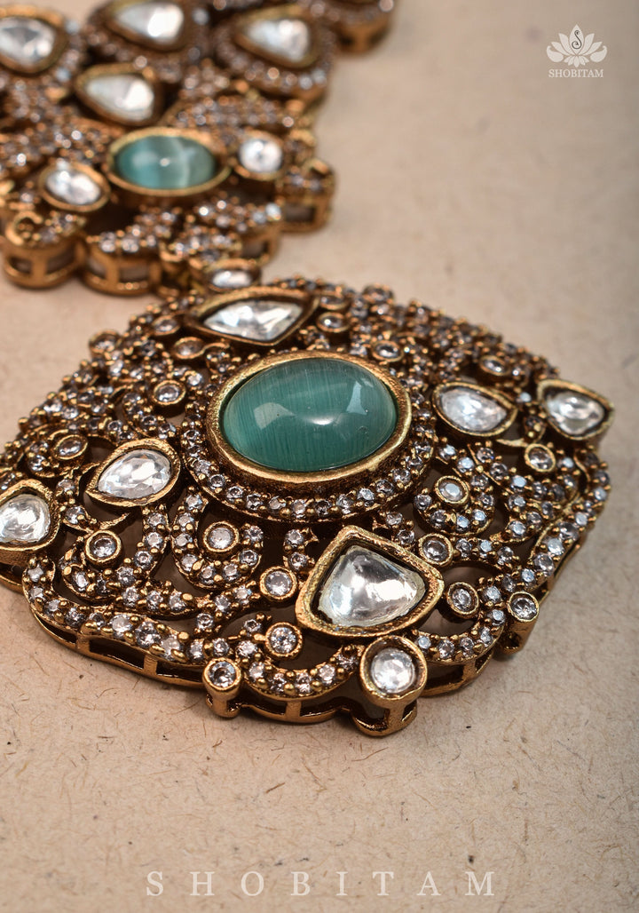 Classic Victorian Design Stone Studded  Necklace Set with White and Green Stones | Shobitam jewelry