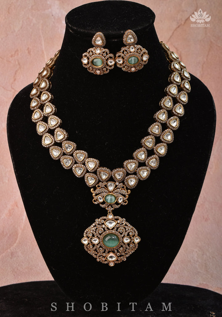 Classic Victorian Design Stone Studded  Necklace Set with White and Green Stones | Shobitam jewelry
