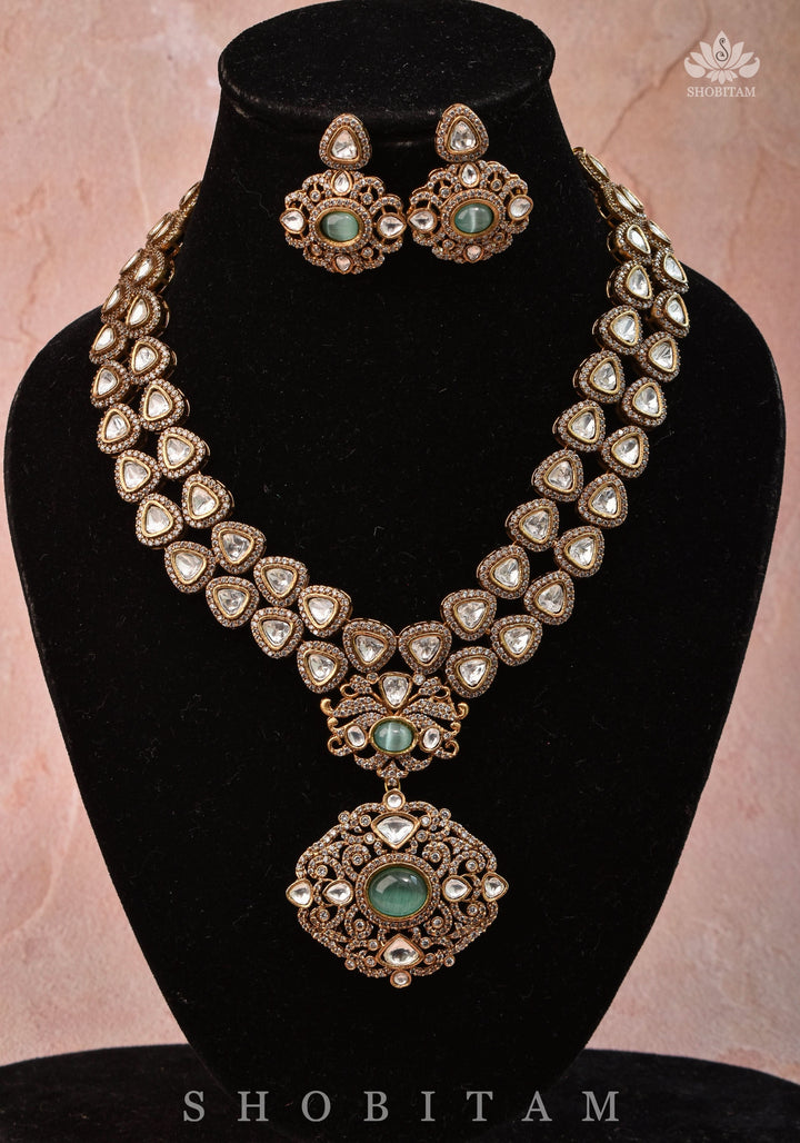 Classic Victorian Design Stone Studded  Necklace Set with White and Green Stones | Shobitam jewelry