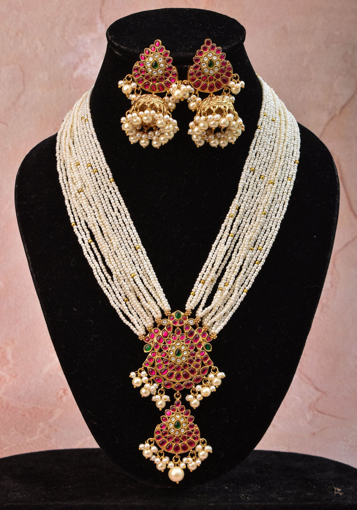 Jadau Twin Peacock Design  Multistrand Choker Set with White, Green, Pink stones | Shobitam Jewelry