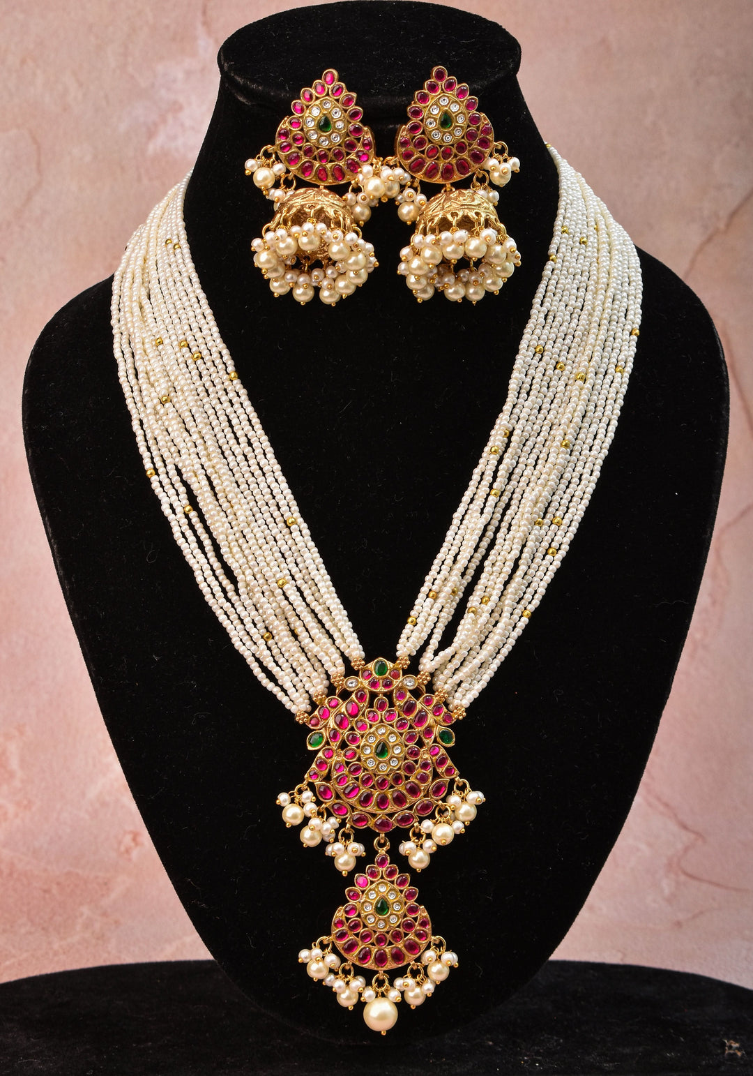 Jadau Twin Peacock Design  Multistrand Choker Set with White, Green, Pink stones | Shobitam Jewelry