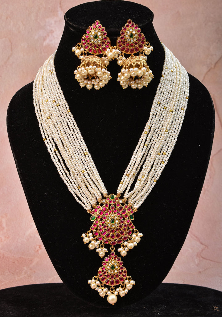 Jadau Twin Peacock Design  Multistrand Choker Set with White, Green, Pink stones | Shobitam Jewelry