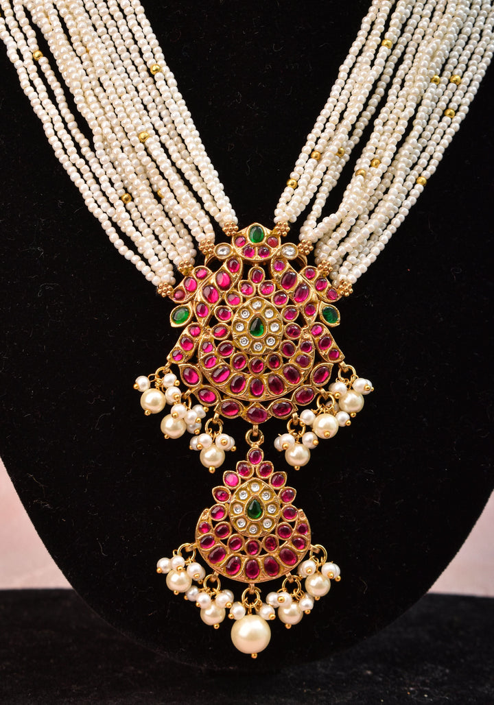 Jadau Twin Peacock Design  Multistrand Choker Set with White, Green, Pink stones | Shobitam Jewelry