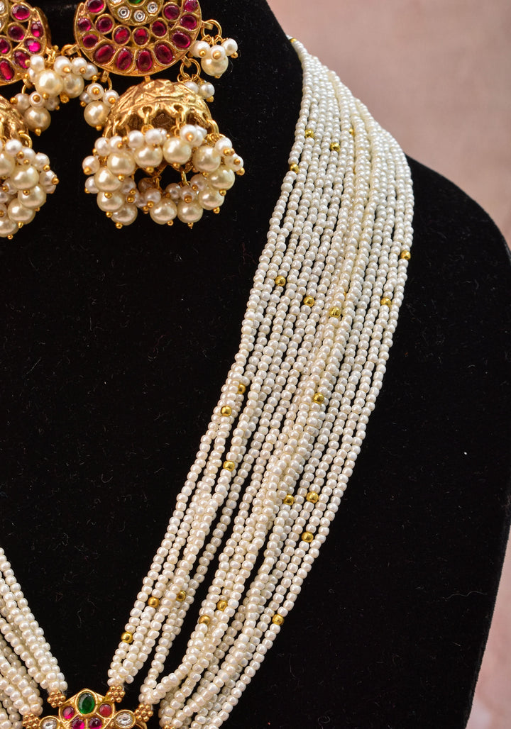 Jadau Twin Peacock Design  Multistrand Choker Set with White, Green, Pink stones | Shobitam Jewelry