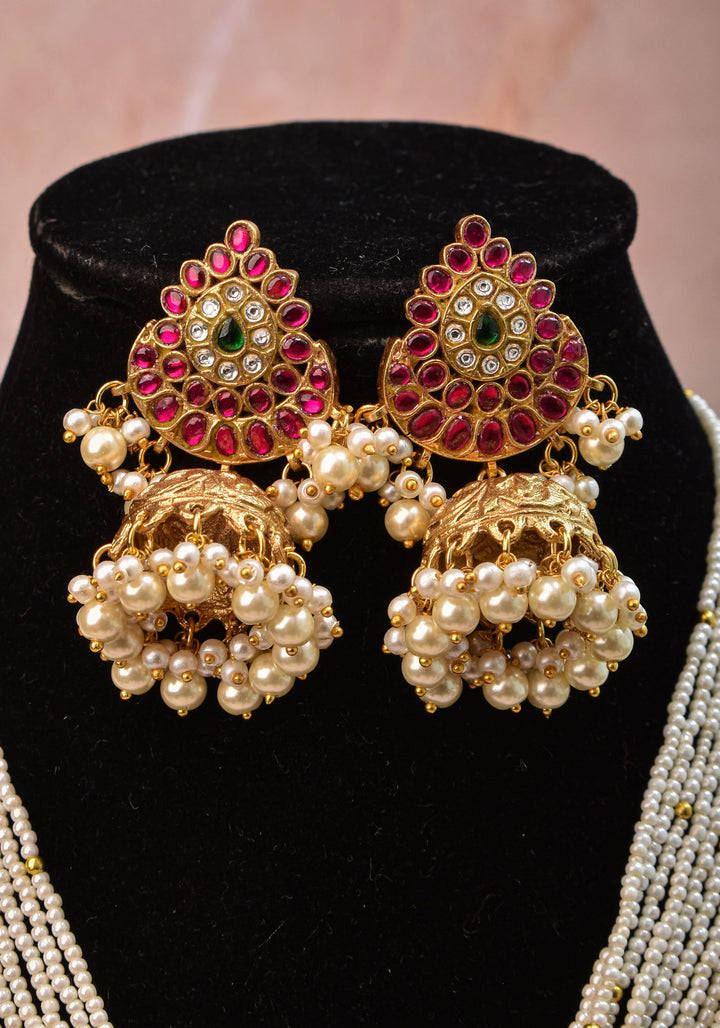 Jadau Twin Peacock Design  Multistrand Choker Set with White, Green, Pink stones | Shobitam Jewelry