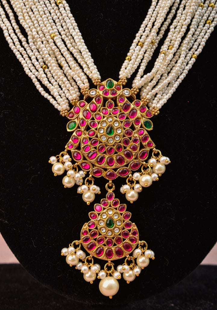 Jadau Twin Peacock Design  Multistrand Choker Set with White, Green, Pink stones | Shobitam Jewelry