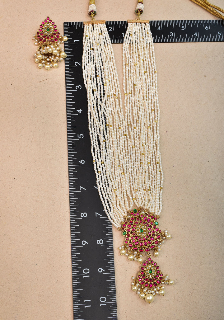 Jadau Twin Peacock Design  Multistrand Choker Set with White, Green, Pink stones | Shobitam Jewelry