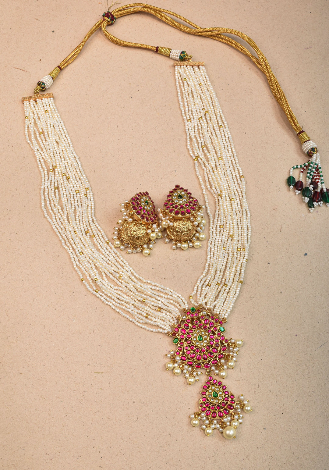 Jadau Twin Peacock Design  Multistrand Choker Set with White, Green, Pink stones | Shobitam Jewelry