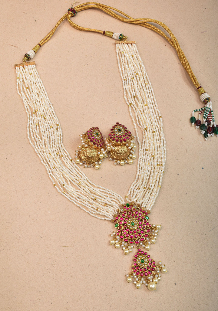 Jadau Twin Peacock Design  Multistrand Choker Set with White, Green, Pink stones | Shobitam Jewelry