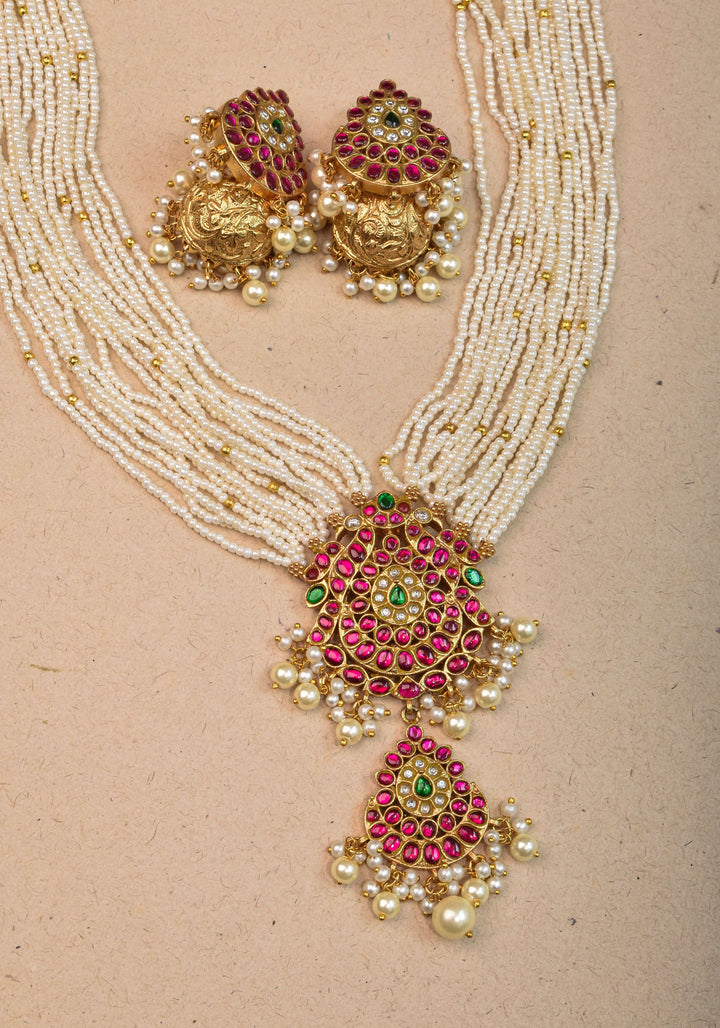 Jadau Twin Peacock Design  Multistrand Choker Set with White, Green, Pink stones | Shobitam Jewelry