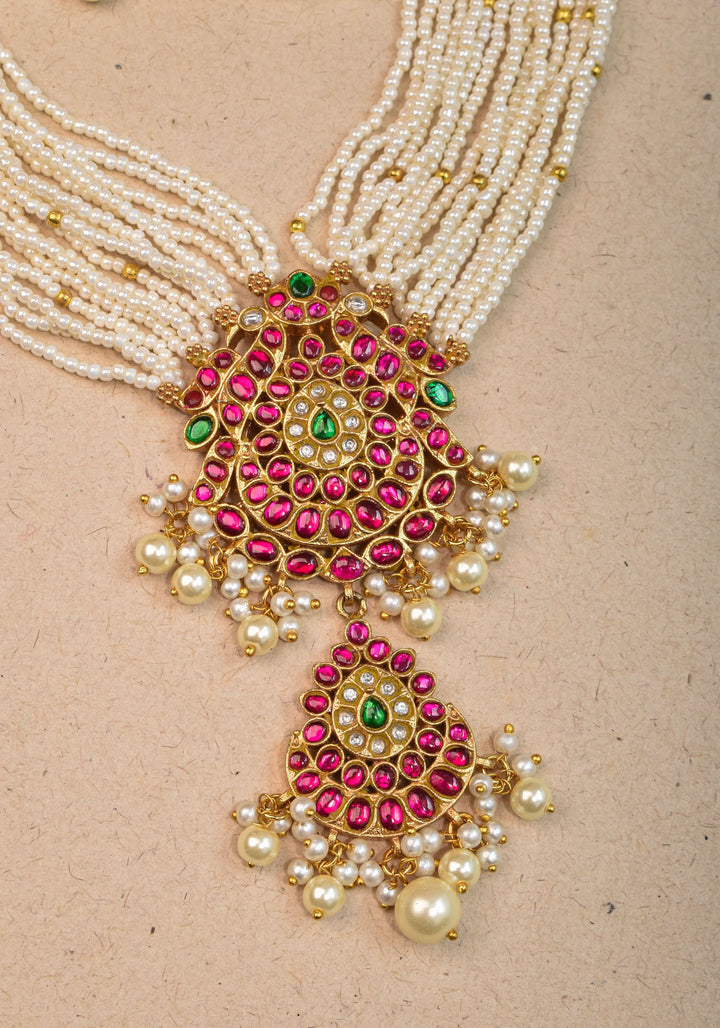 Jadau Twin Peacock Design  Multistrand Choker Set with White, Green, Pink stones | Shobitam Jewelry