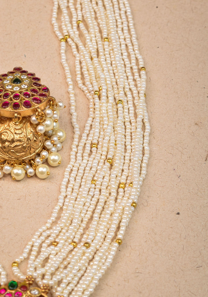 Jadau Twin Peacock Design  Multistrand Choker Set with White, Green, Pink stones | Shobitam Jewelry