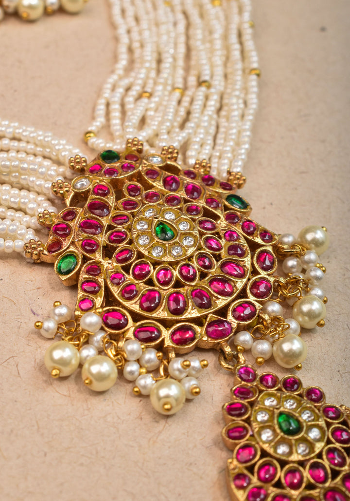 Jadau Twin Peacock Design  Multistrand Choker Set with White, Green, Pink stones | Shobitam Jewelry
