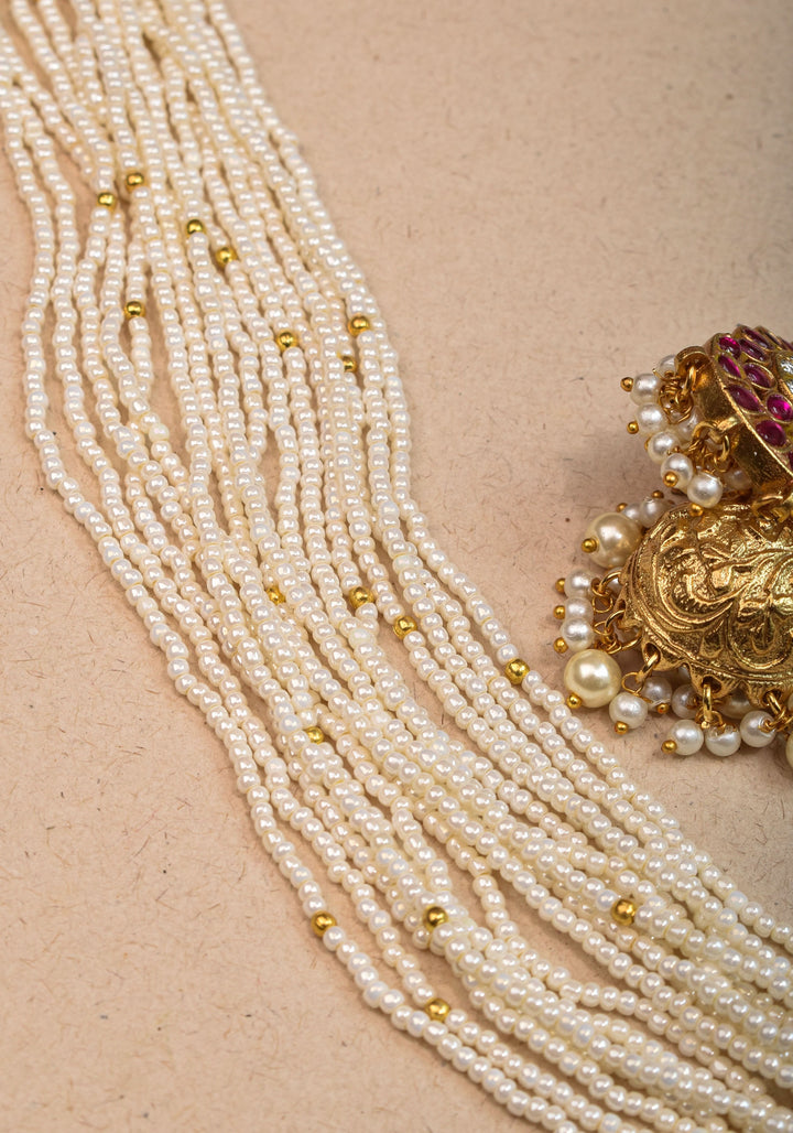 Jadau Twin Peacock Design  Multistrand Choker Set with White, Green, Pink stones | Shobitam Jewelry