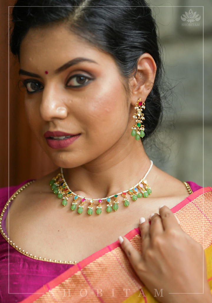 Lightweight Jadau handmade Necklace Set with Dangling Multicolor translucent stones and Matching Earrings | Shobitam Jewelry