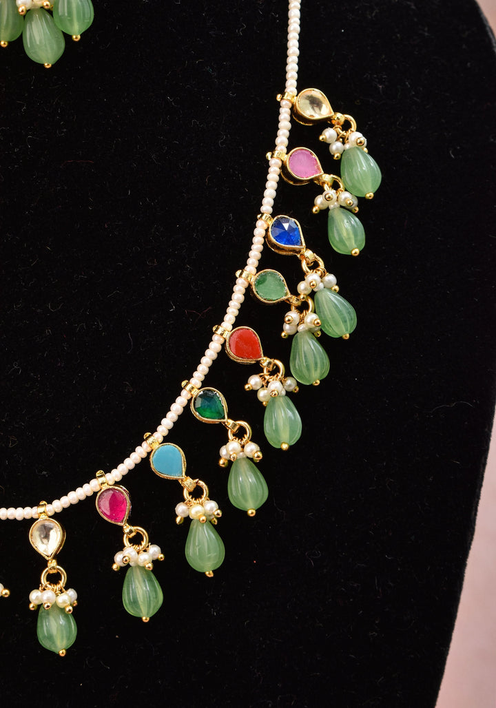 Lightweight Jadau handmade Necklace Set with Dangling Multicolor translucent stones and Matching Earrings | Shobitam Jewelry