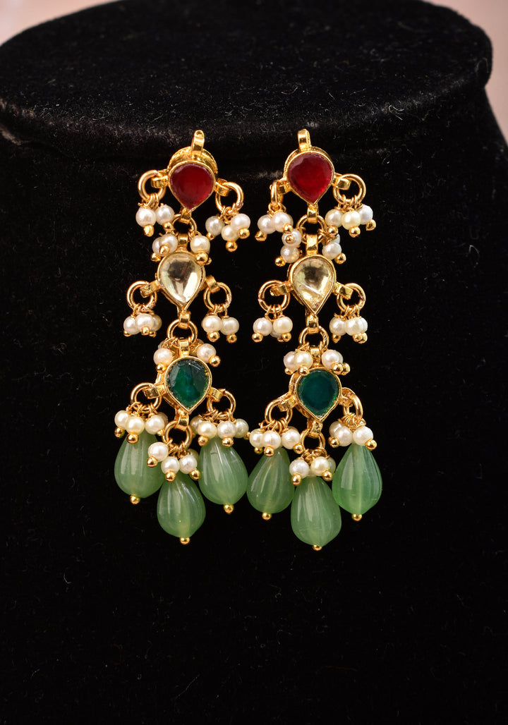Lightweight Jadau handmade Necklace Set with Dangling Multicolor translucent stones and Matching Earrings | Shobitam Jewelry