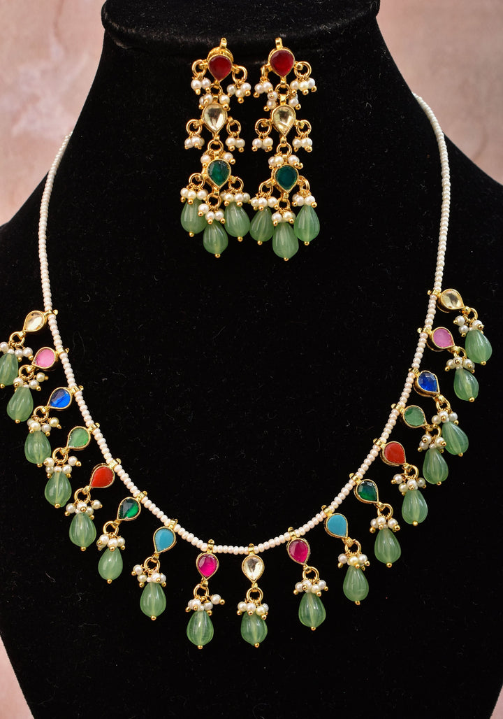Lightweight Jadau handmade Necklace Set with Dangling Multicolor translucent stones and Matching Earrings | Shobitam Jewelry