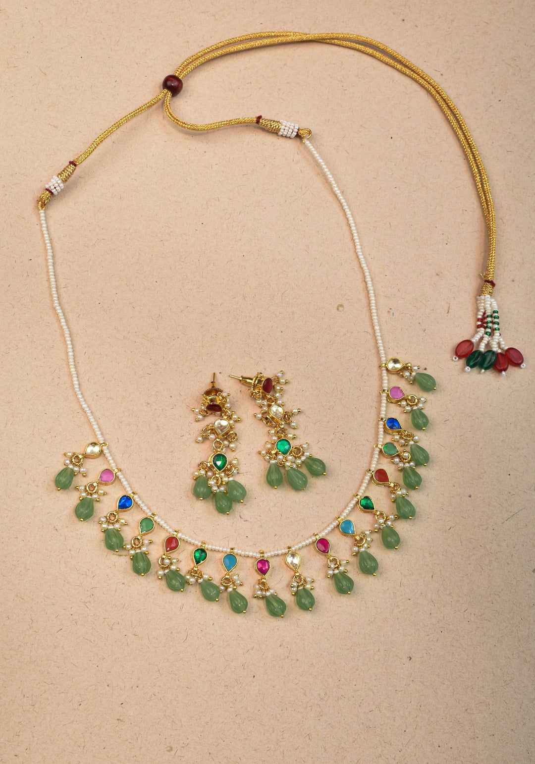Lightweight Jadau handmade Necklace Set with Dangling Multicolor translucent stones and Matching Earrings | Shobitam Jewelry