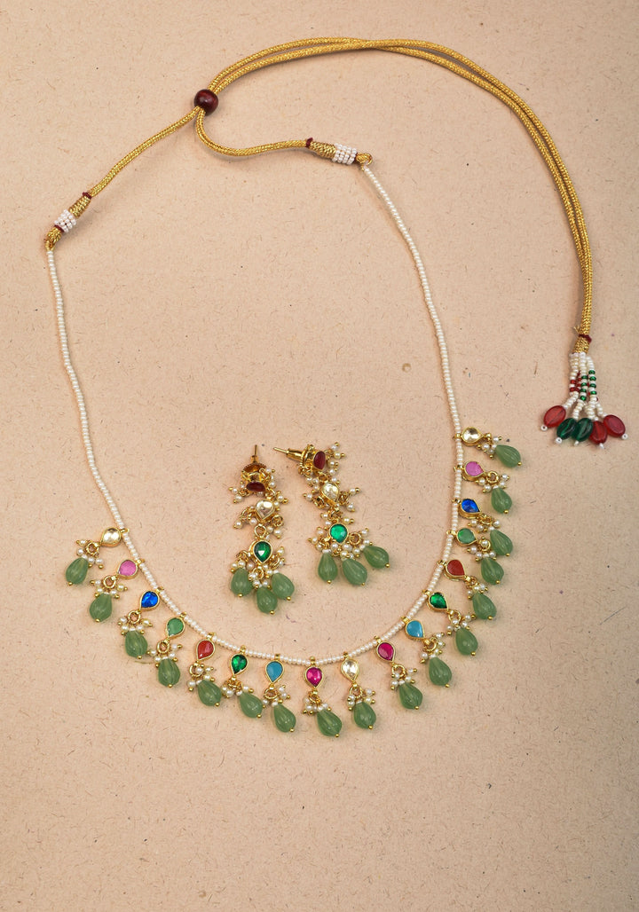 Lightweight Jadau handmade Necklace Set with Dangling Multicolor translucent stones and Matching Earrings | Shobitam Jewelry