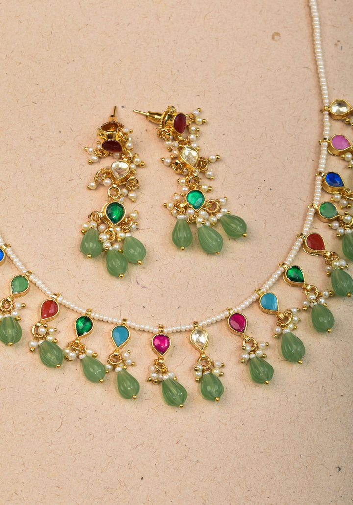 Lightweight Jadau handmade Necklace Set with Dangling Multicolor translucent stones and Matching Earrings | Shobitam Jewelry