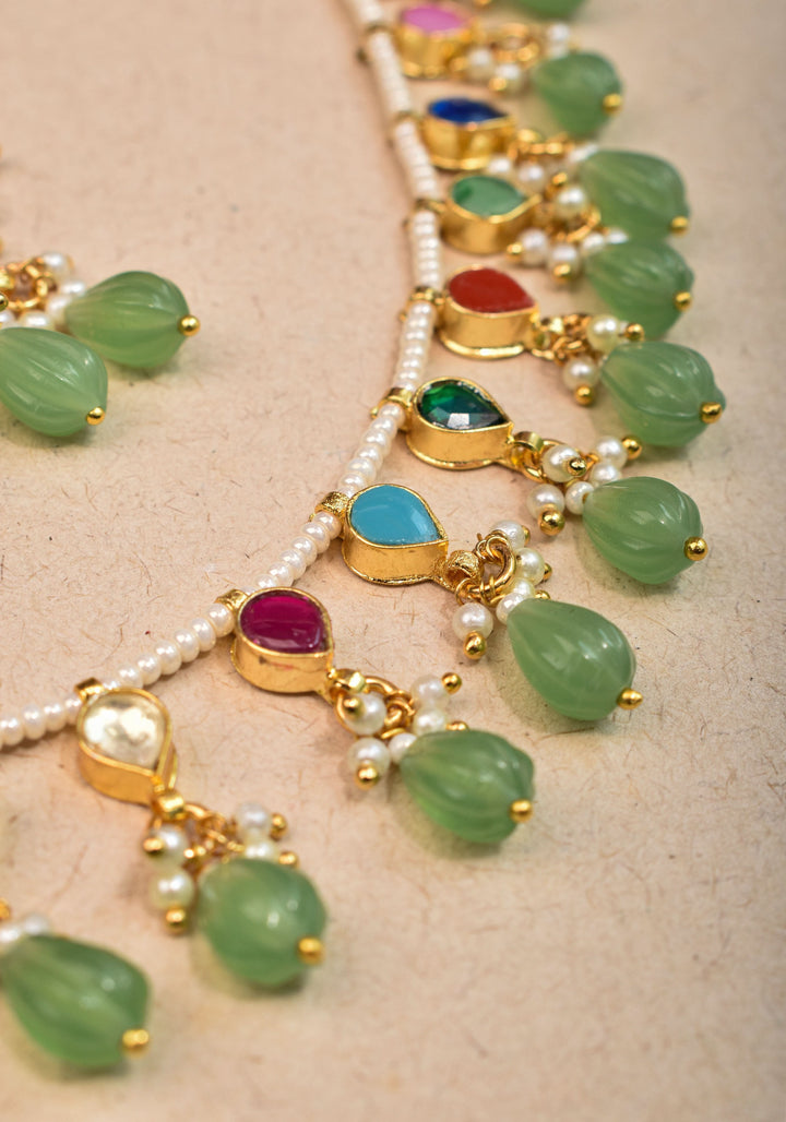 Lightweight Jadau handmade Necklace Set with Dangling Multicolor translucent stones and Matching Earrings | Shobitam Jewelry
