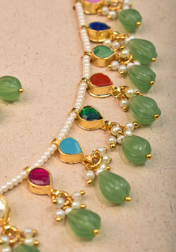 Lightweight Jadau handmade Necklace Set with Dangling Multicolor translucent stones and Matching Earrings | Shobitam Jewelry