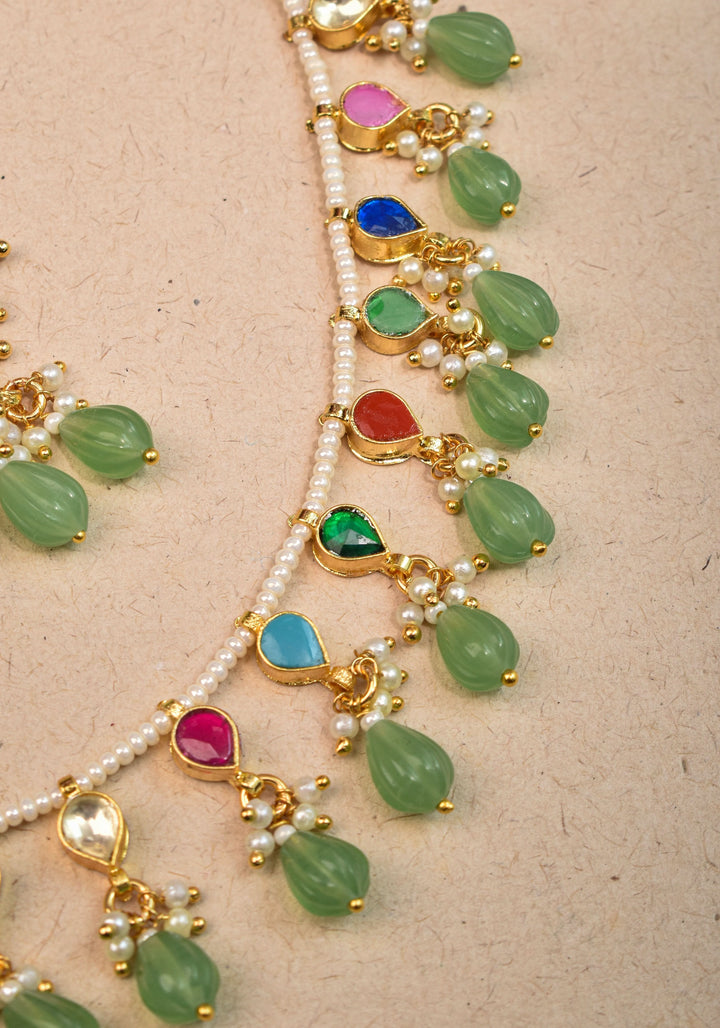 Lightweight Jadau handmade Necklace Set with Dangling Multicolor translucent stones and Matching Earrings | Shobitam Jewelry