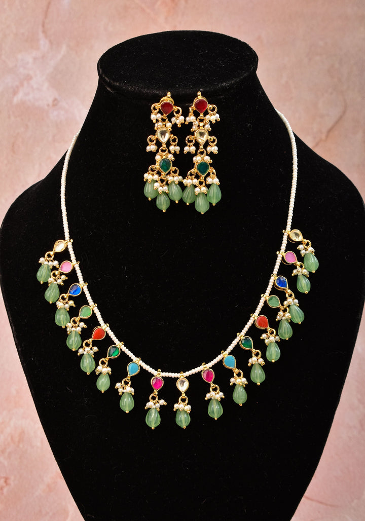 Lightweight Jadau handmade Necklace Set with Dangling Multicolor translucent stones and Matching Earrings | Shobitam Jewelry
