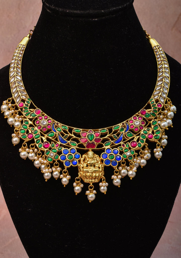 Hasli Inspired Jadau Lakshmi Necklace Set With four color stones  | Shobitam Jewelry