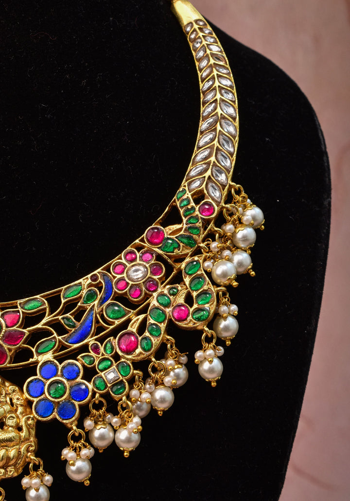Hasli Inspired Jadau Lakshmi Necklace Set With four color stones  | Shobitam Jewelry