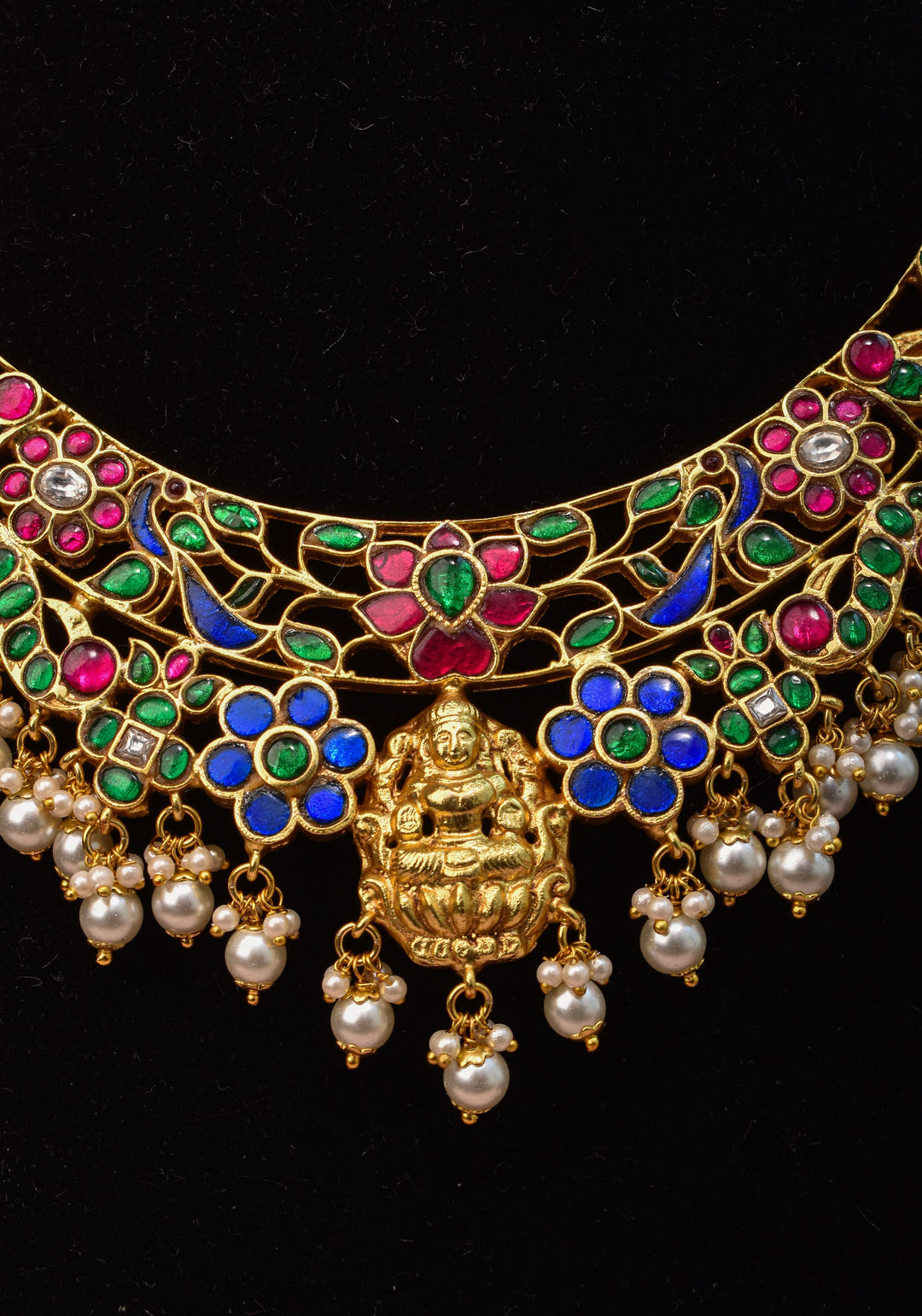 Hasli Inspired Jadau Lakshmi Necklace Set With four color stones  | Shobitam Jewelry