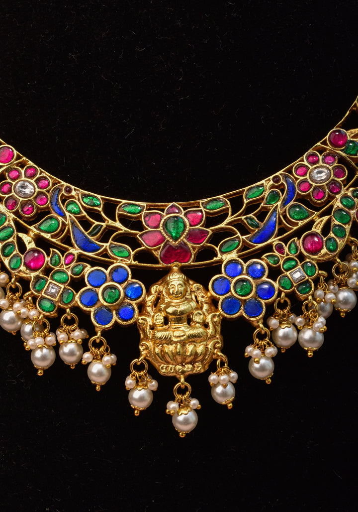 Hasli Inspired Jadau Lakshmi Necklace Set With four color stones  | Shobitam Jewelry