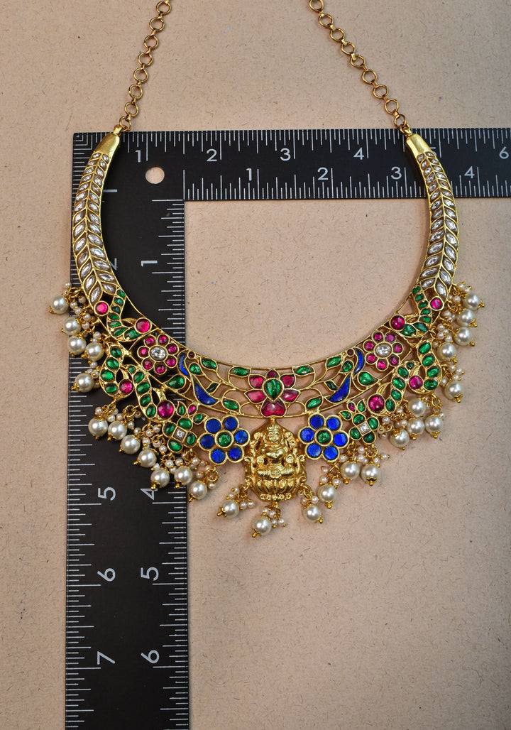 Hasli Inspired Jadau Lakshmi Necklace Set With four color stones  | Shobitam Jewelry