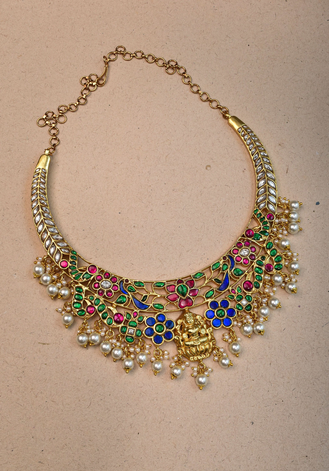 Hasli Inspired Jadau Lakshmi Necklace Set With four color stones  | Shobitam Jewelry