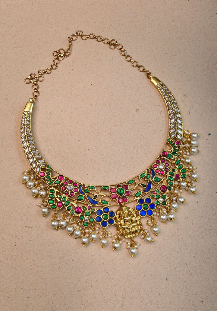 Hasli Inspired Jadau Lakshmi Necklace Set With four color stones  | Shobitam Jewelry