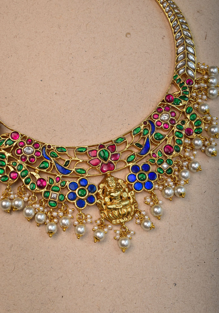 Hasli Inspired Jadau Lakshmi Necklace Set With four color stones  | Shobitam Jewelry