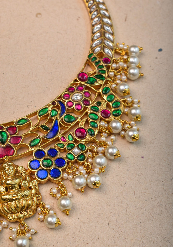 Hasli Inspired Jadau Lakshmi Necklace Set With four color stones  | Shobitam Jewelry