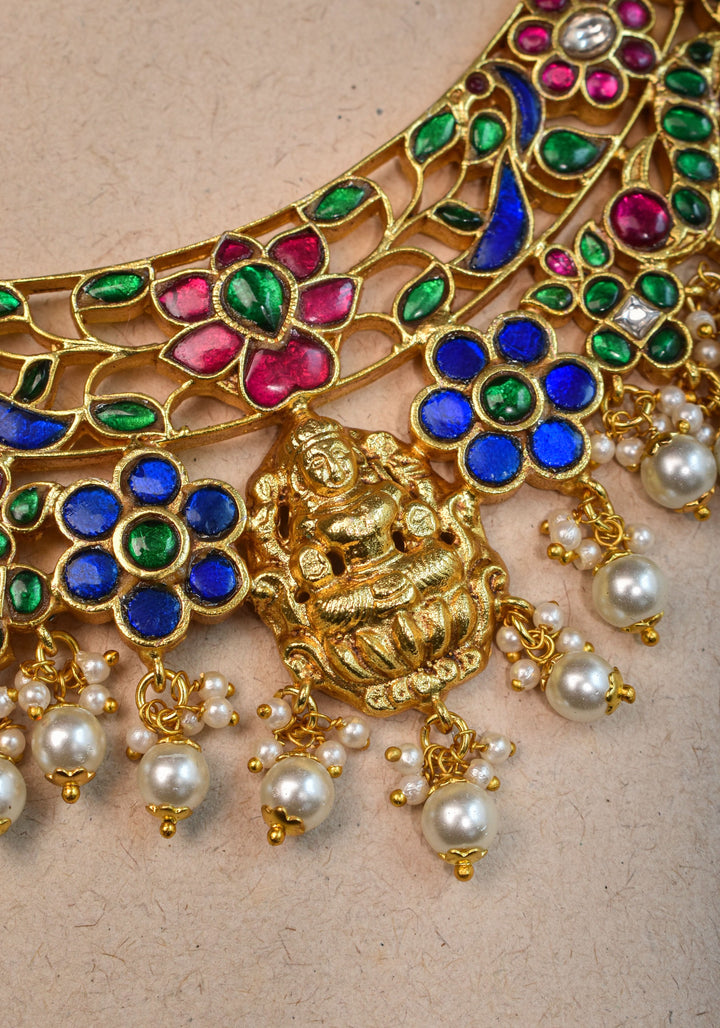 Hasli Inspired Jadau Lakshmi Necklace Set With four color stones  | Shobitam Jewelry