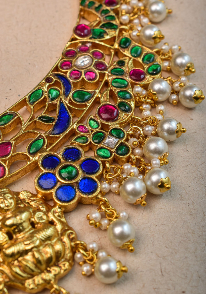 Hasli Inspired Jadau Lakshmi Necklace Set With four color stones  | Shobitam Jewelry