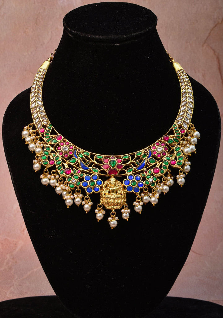 Hasli Inspired Jadau Lakshmi Necklace Set With four color stones  | Shobitam Jewelry