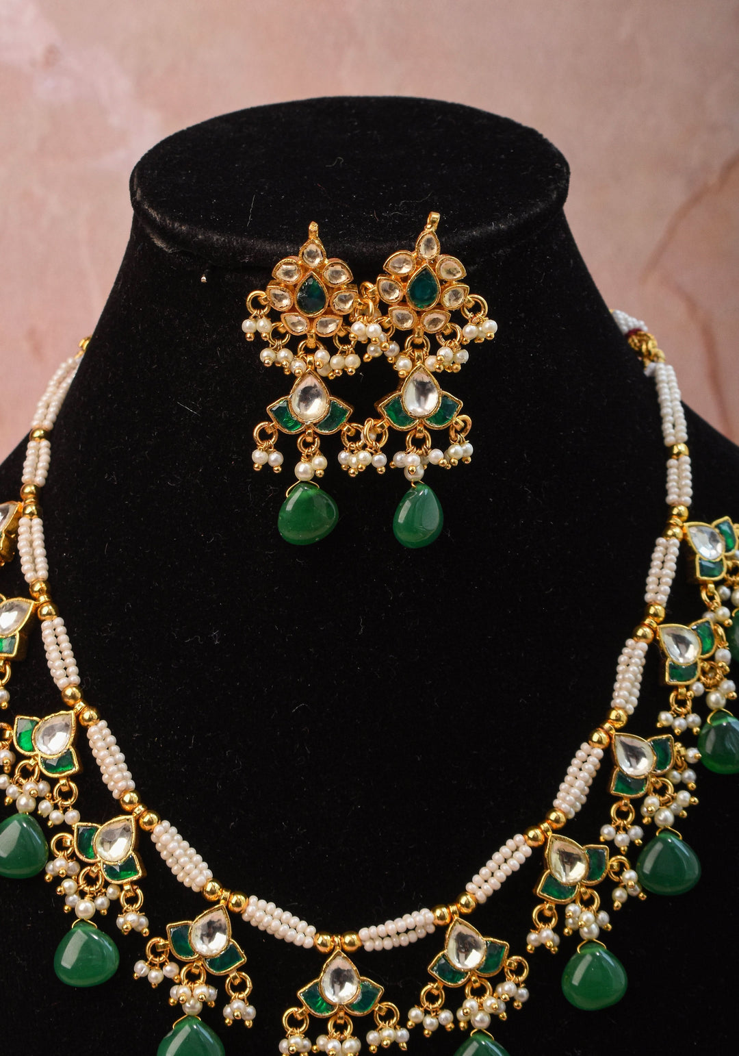 Lightweight Jadau Necklace Set with eleven dangling Green and white  kemp units and matching earrings I Shobitam Jewelry