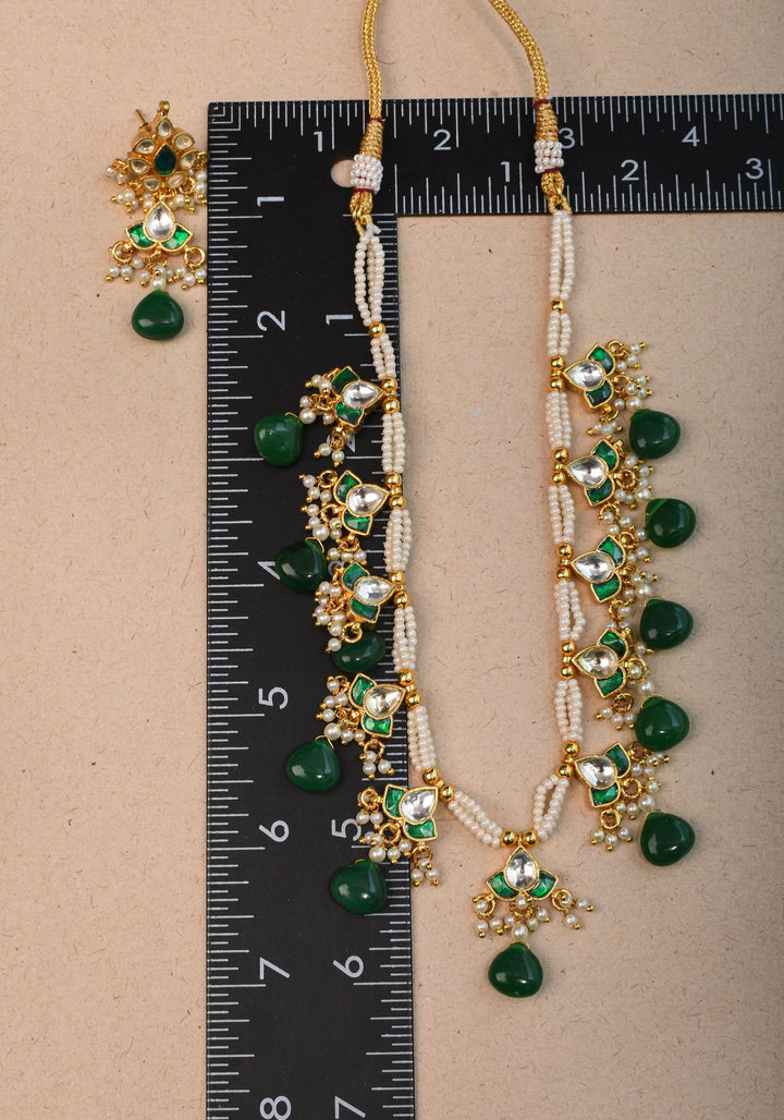 Lightweight Jadau Necklace Set with eleven dangling Green and white  kemp units and matching earrings I Shobitam Jewelry