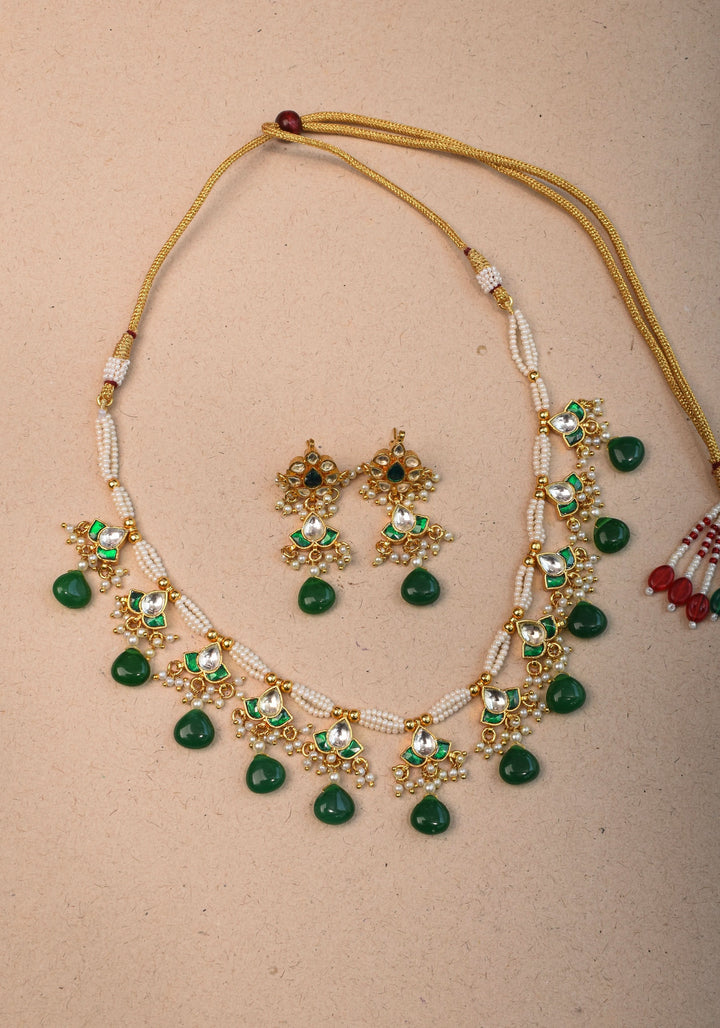 Lightweight Jadau Necklace Set with eleven dangling Green and white  kemp units and matching earrings I Shobitam Jewelry