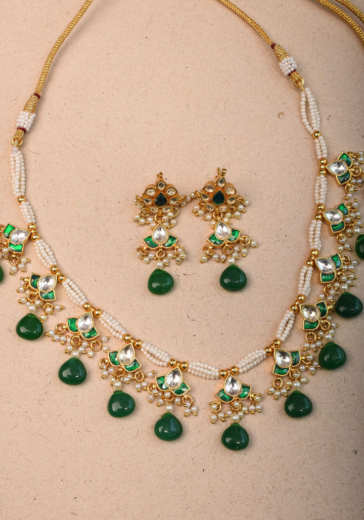 Lightweight Jadau Necklace Set with eleven dangling Green and white  kemp units and matching earrings I Shobitam Jewelry
