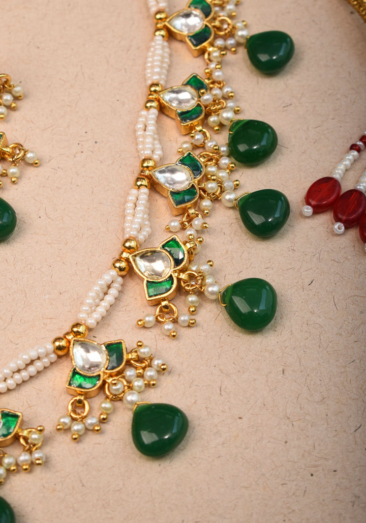 Lightweight Jadau Necklace Set with eleven dangling Green and white  kemp units and matching earrings I Shobitam Jewelry