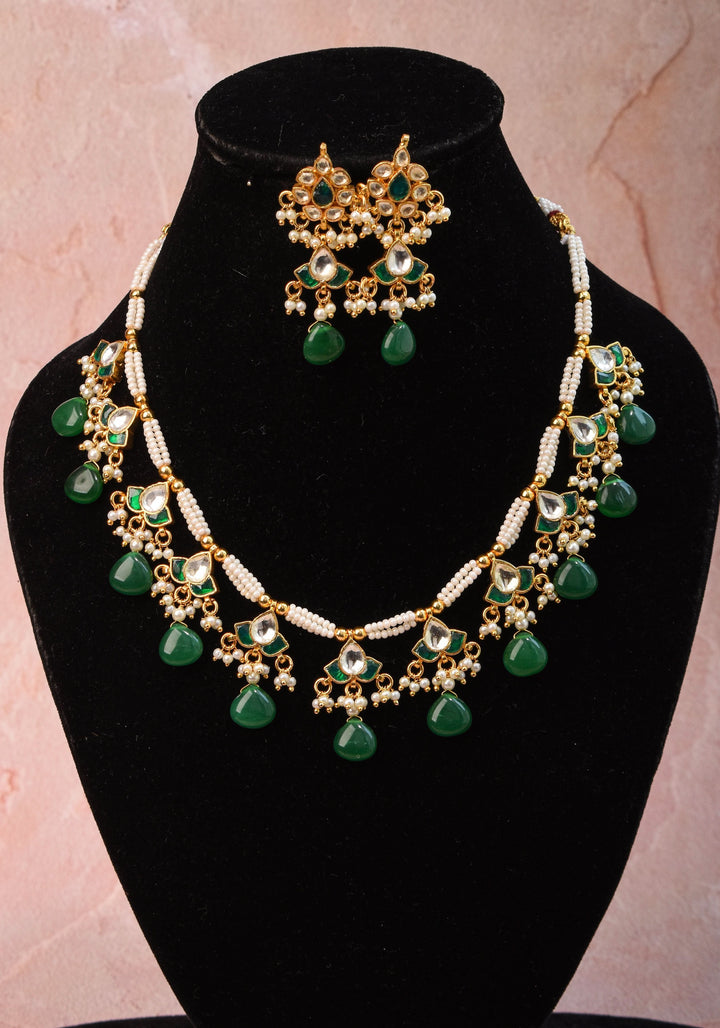 Lightweight Jadau Necklace Set with eleven dangling Green and white  kemp units and matching earrings I Shobitam Jewelry