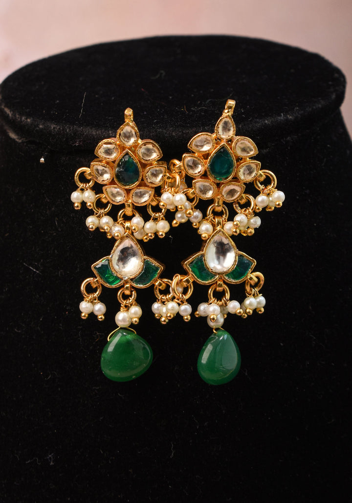 Lightweight Jadau Necklace Set with eleven dangling Green and white  kemp units and matching earrings I Shobitam Jewelry